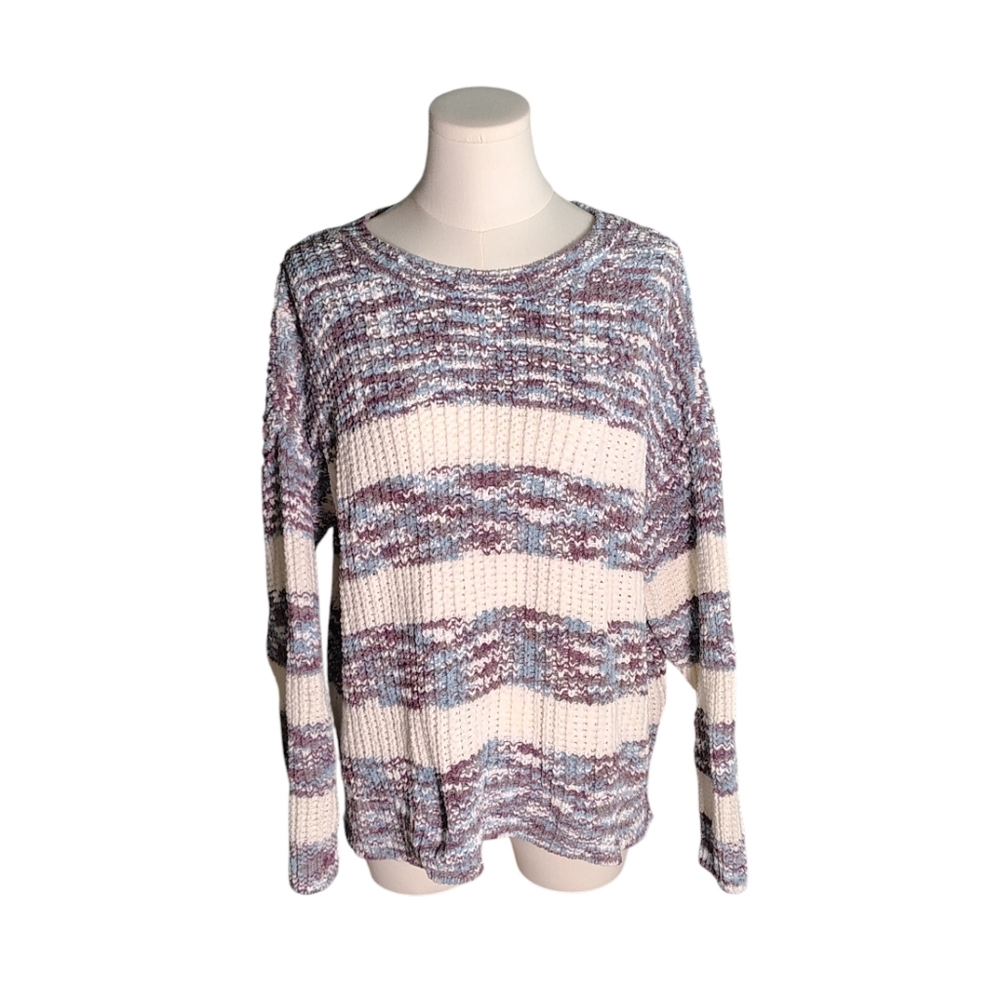 SO Soft Striped Purple Blue and Cream Waffle Knit Scoop Neck Sweater Size XXL